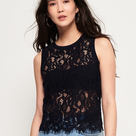 Superdry Eyelash Lace Navy Blue Tank Top Cocktail Sleeveless Blouse - Picture 1 of 16
